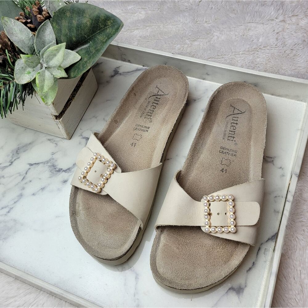 AUTENTI Beige Cream Pearl Buckle Leather Slide Comfort Sandal Size 41 - Picture 2 of 14